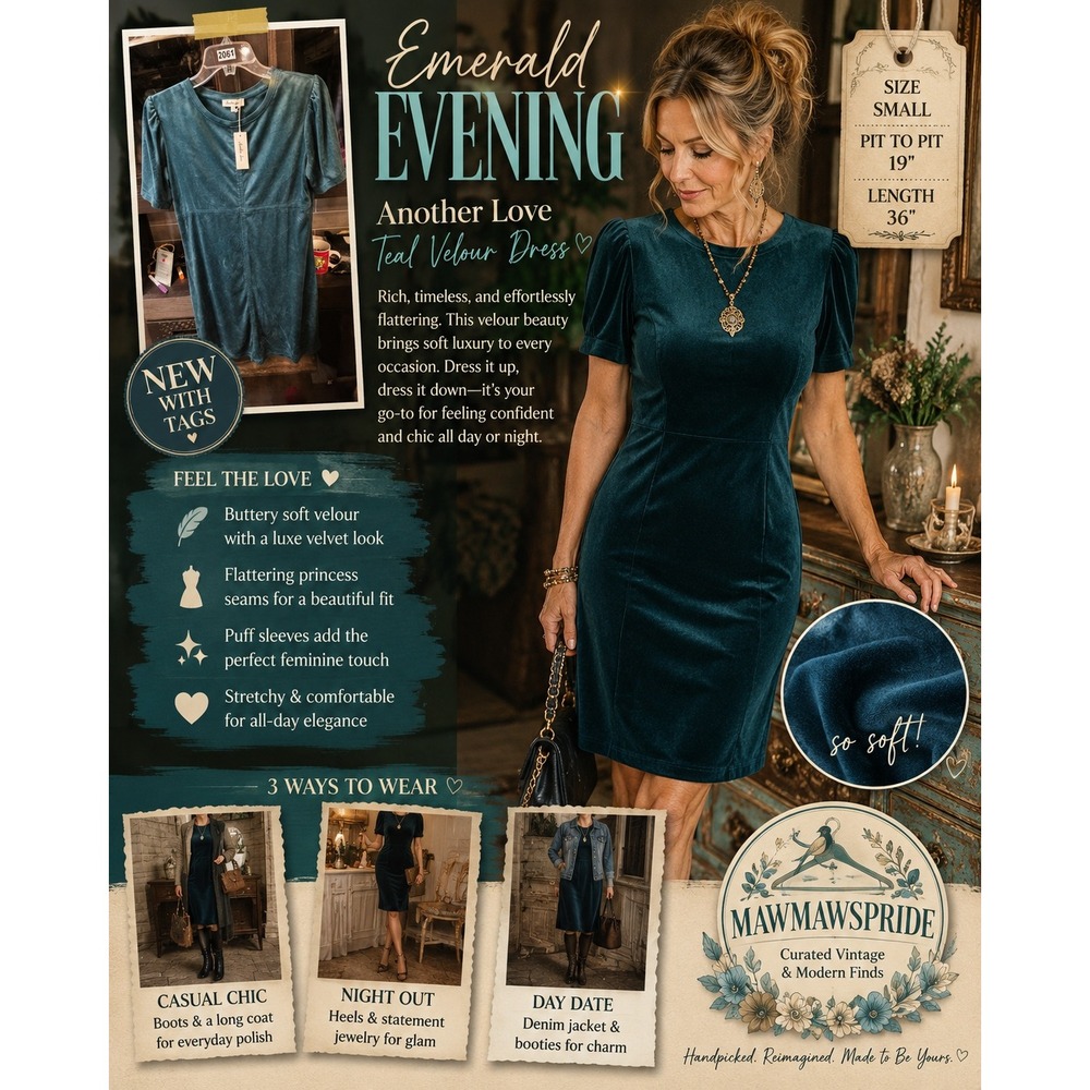 Emerald Evening | Another Love Teal Velour Puff Sleeve Dress NWT Size Small